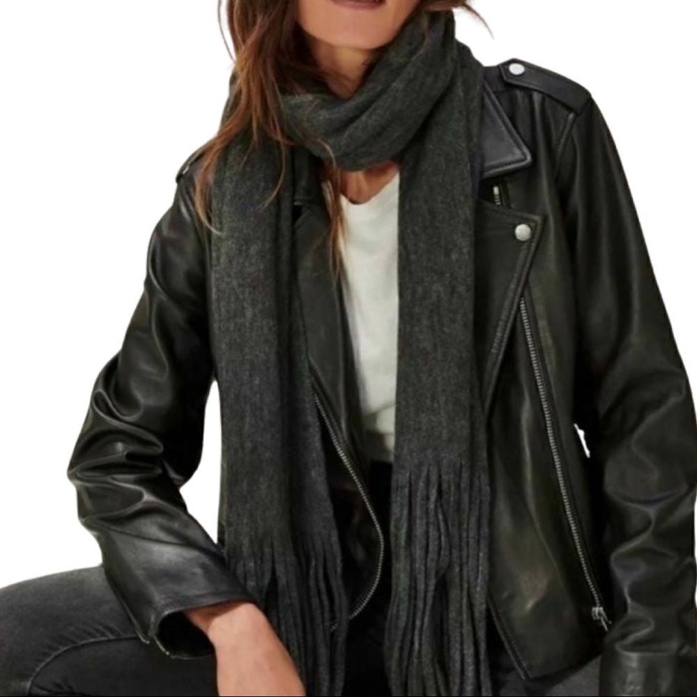 Lucky Brand Grey Solid Brushed Scarf with Fringe Trim